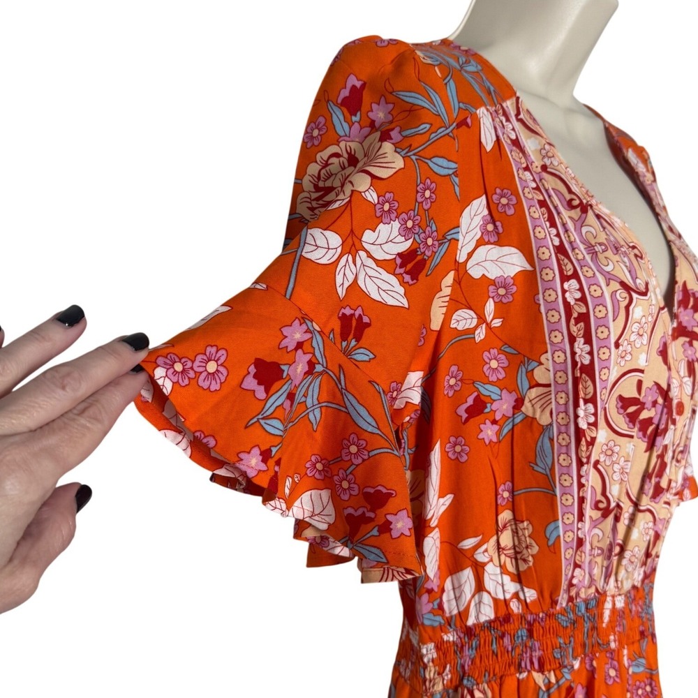 Lascana Orange Floral Boho Tiered V Neck Short Flutter Sleeve Mini Dress‎ 10 NWT - Picture 4 of 12